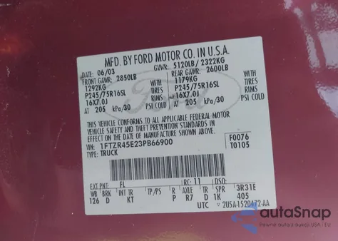 2003 Ford Ranger Edge/Xlt из США, поврежденный, VIN 1FTZR45E23PB66900